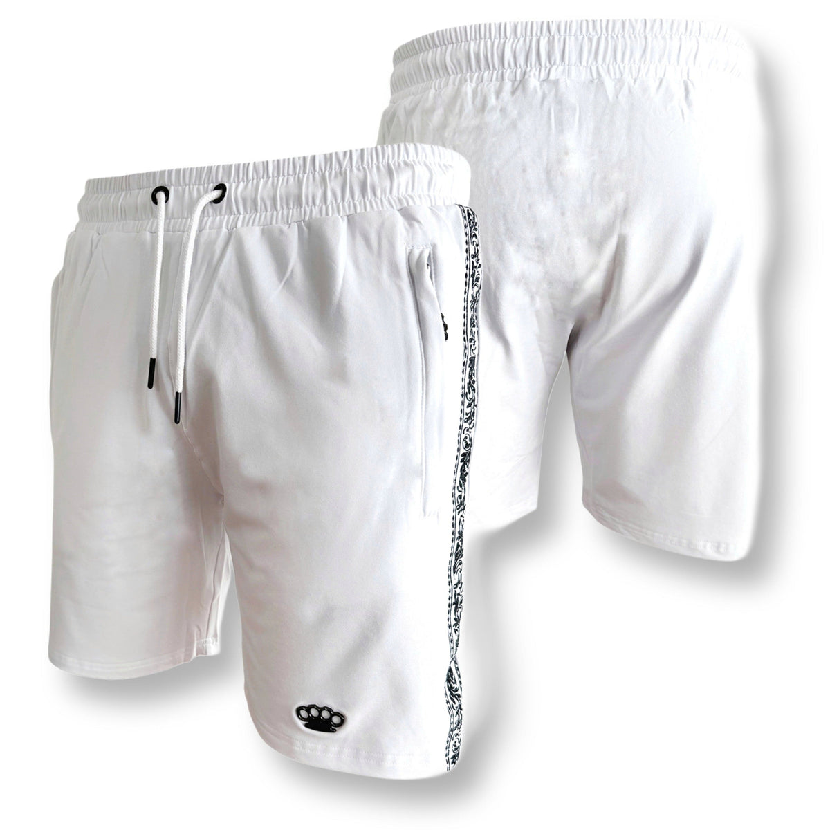 Mi Vida Loca Meander jogger shorts in white with black Meander band, front and back