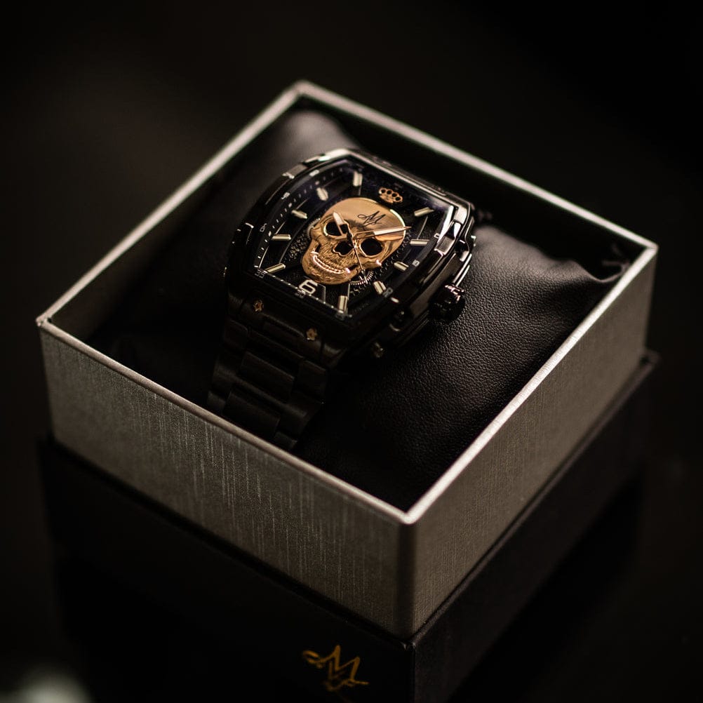 Mi Vida Loca Automatic skull watch schwarz/schwarz mit Edelstahlarmband in der Geschenkbox, Totenkopf auf dem Zifferblatt