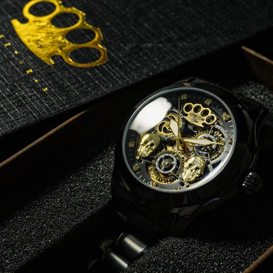 Orologio automatico Mi Vida Loca Double skull nero opaco con quadrante scheletrato, nella scatola MVL