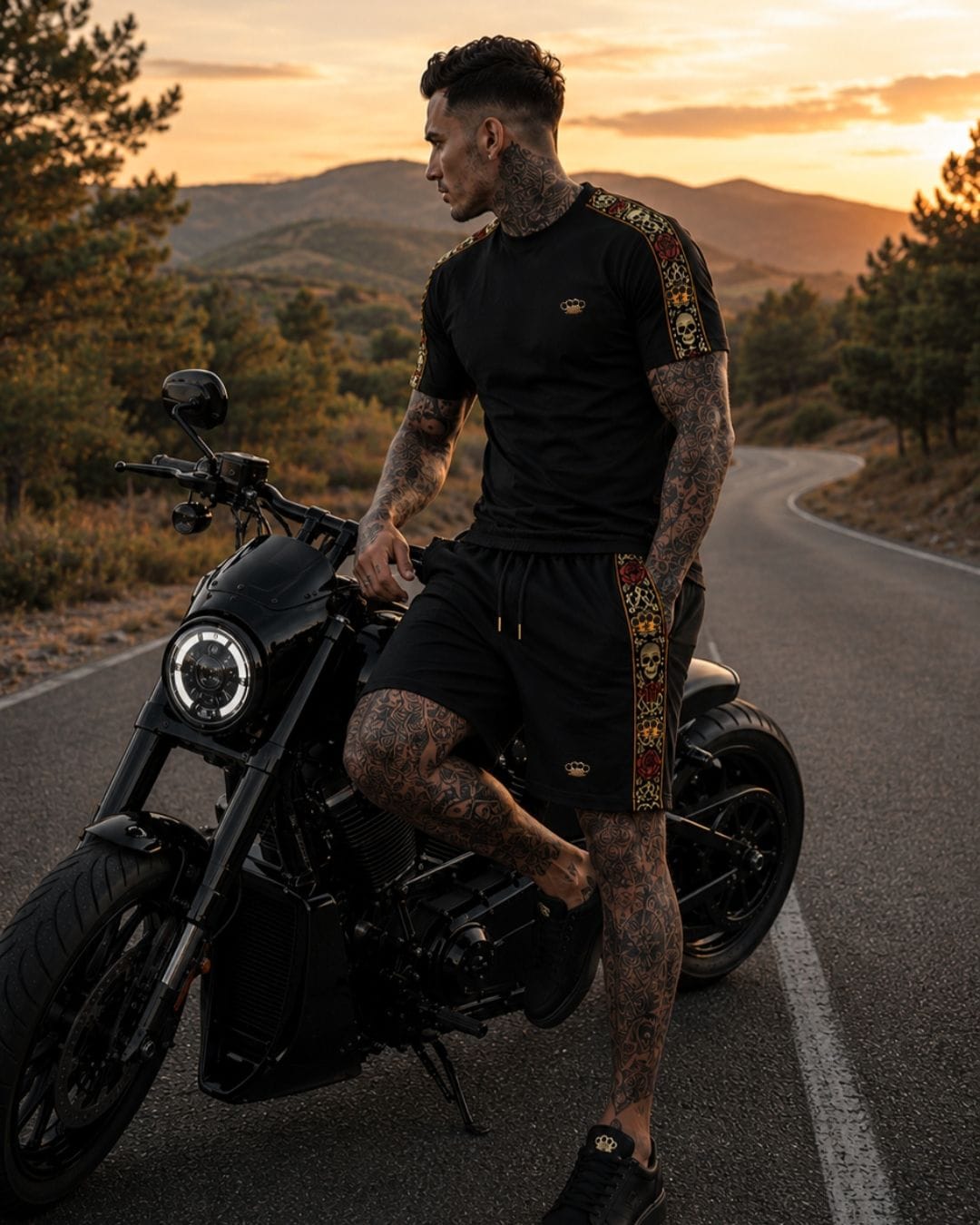 T-shirt Calavera noir porté par un mannequin appuyé sur une moto noire, côté avec la bande brodée