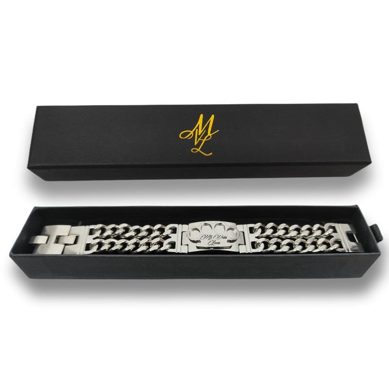 Bracelet Mi Vida Loca argent/argent, bracelet à maillons argenté avec logo MVL dans le coffret noir ouvert