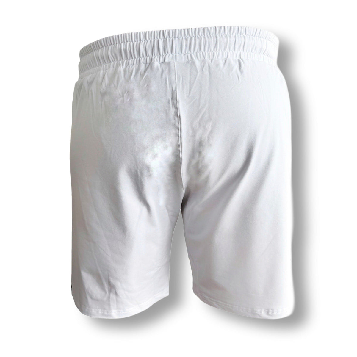 Back of the white MVL Meander jogger shorts