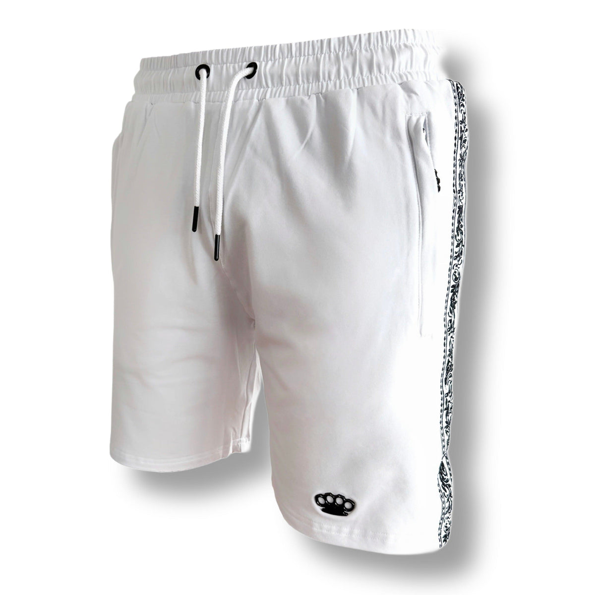 MVL Meander shorts in white with drawstring, pocket zip and black MVL logo, angled front view