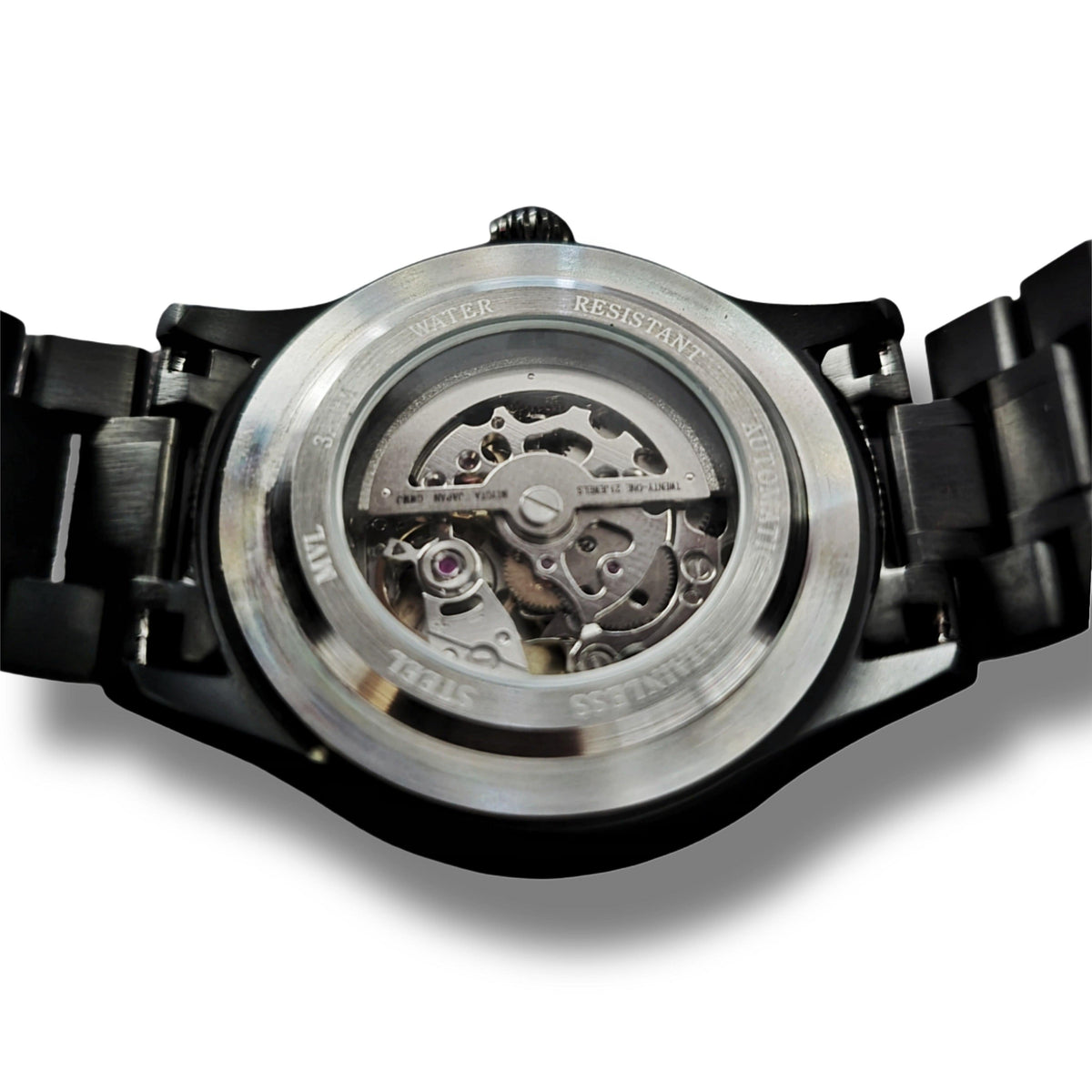 Retro dell'orologio Double skull con cassa in vetro e movimento automatico a vista