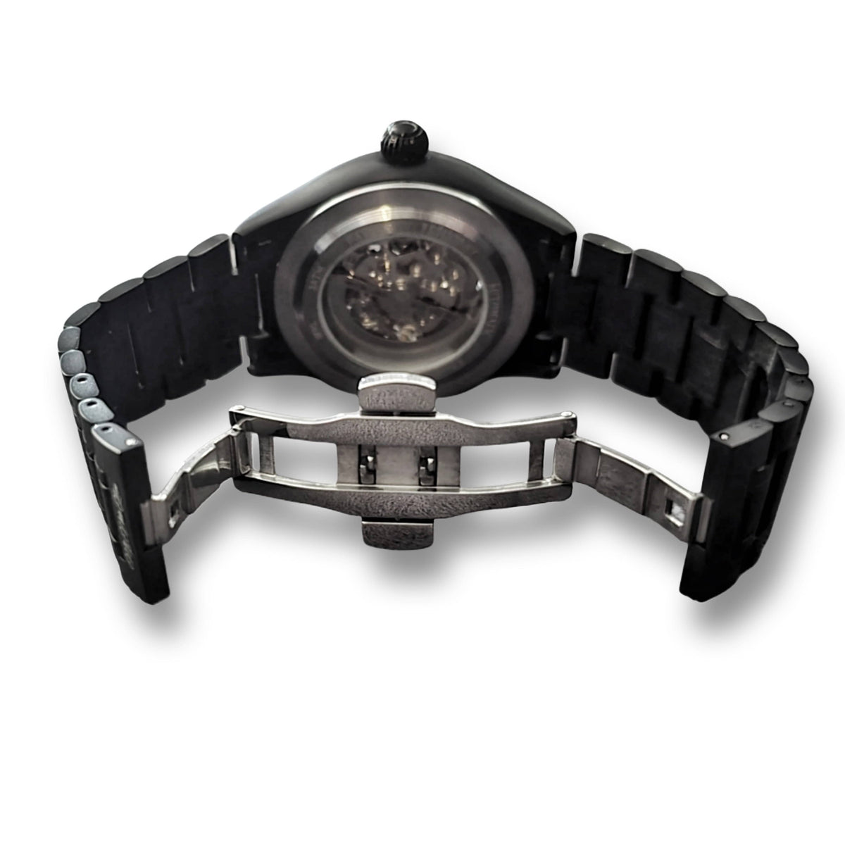 Retro dell'orologio MVL Double skull nero opaco con chiusura deployante aperta del bracciale a maglie