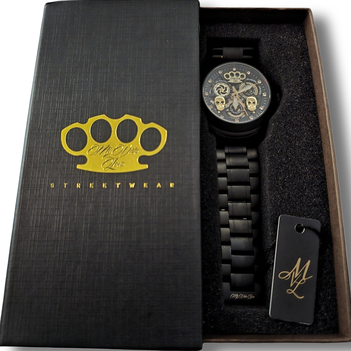 Orologio MVL Double skull nero opaco con bracciale in acciaio nella confezione regalo nera aperta con logo MVL dorato