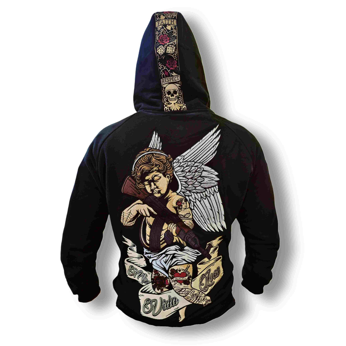 Retro della felpa MVL Cupid with gun nera con ricamo su schiena e cappuccio, sfondo bianco