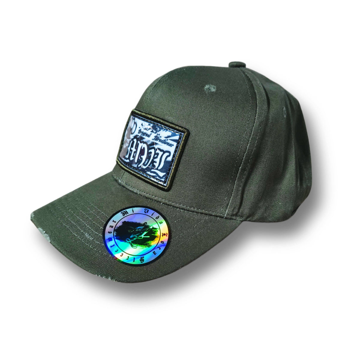 Gorra curva MVL Original streetwear verde militar de lado con parche cuadrado del logo en la parte delantera