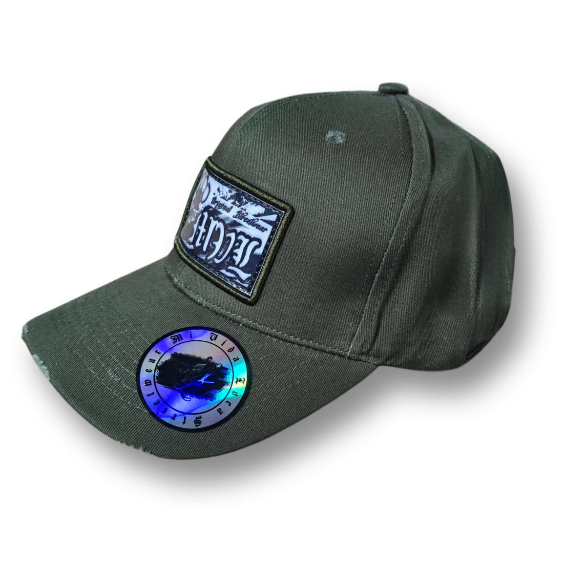 Gorra curva Mi Vida Loca Original streetwear verde militar con parche del logo y pegatina holográfica en la visera