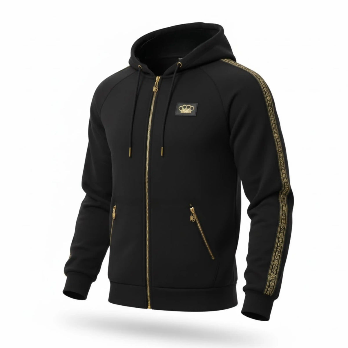 MVL Meander zip hoodie in black, front with gold piping and MVL logo patch on a white background