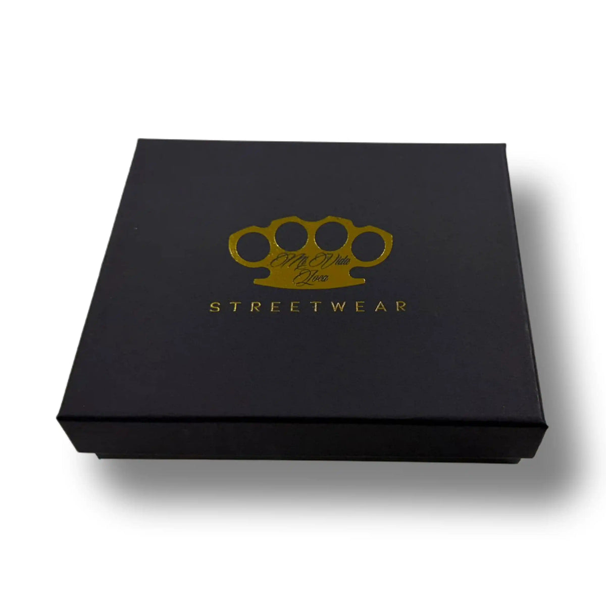 Confezione regalo MVL nera con logo MVL dorato e scritta Streetwear per il portafoglio Tattooist