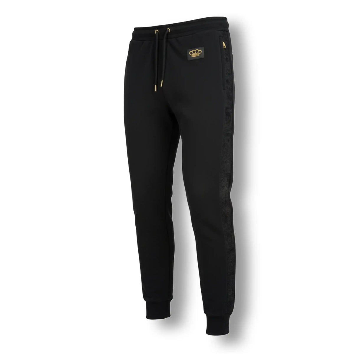 Mi Vida Loca LFR Tracksuit Jogger schwarz, Vorderseite mit goldenem MVL-Logo-Patch und Ton-in-Ton-Band am Bein