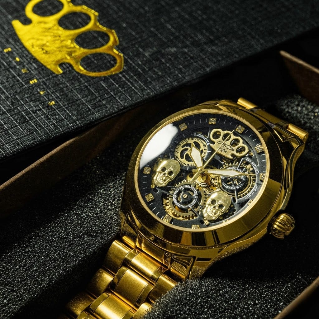 Reloj automático Mi Vida Loca Double skull dorado con esfera esqueleto y calaveras doradas, en la caja