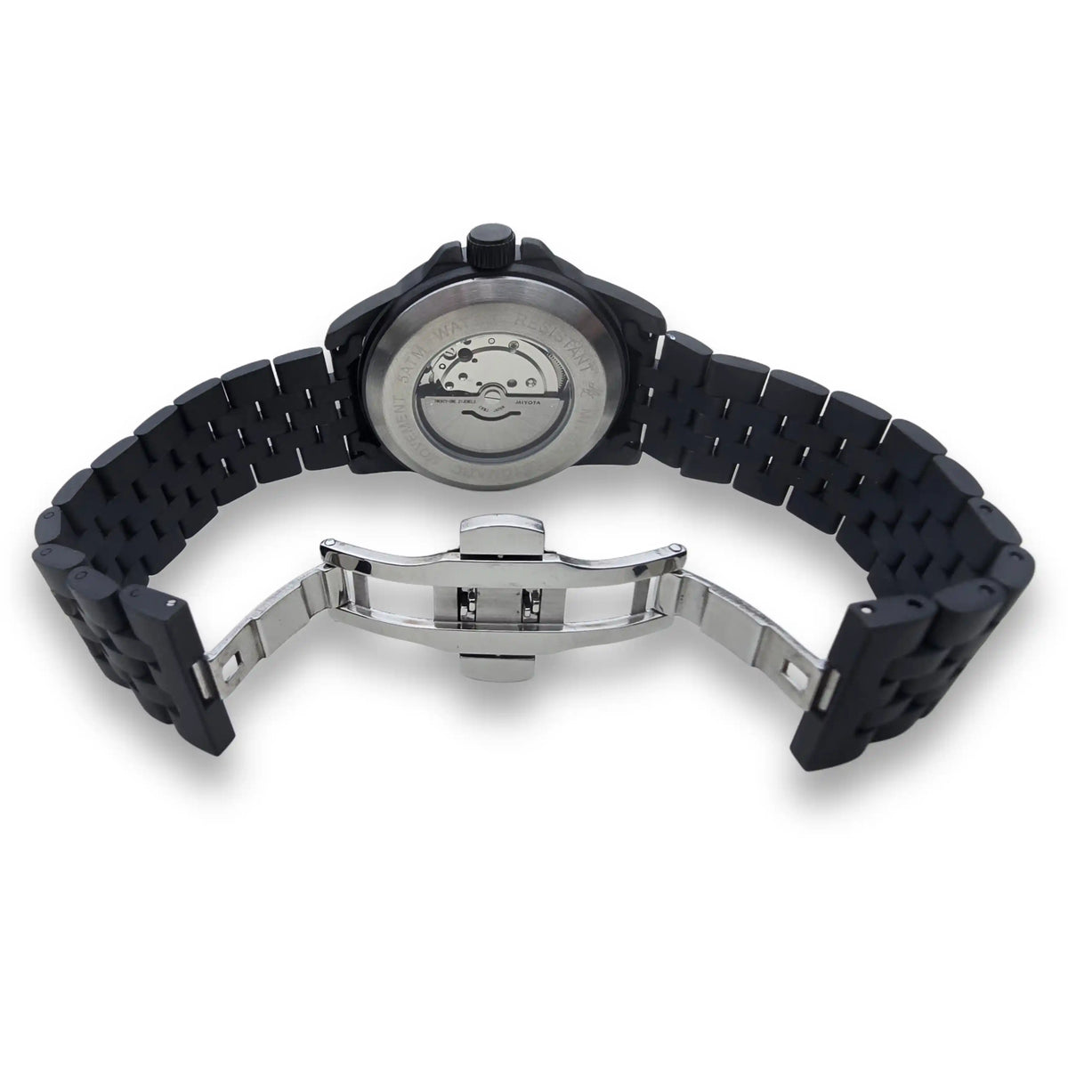 Retro dell'orologio MVL AK47 nero con movimento a vista e chiusura deployante argentata