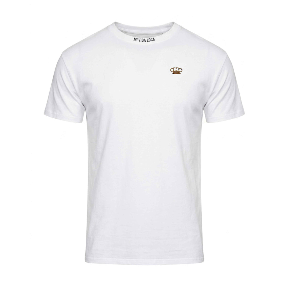 Devant du T-shirt MVL Ink addict blanc avec petit logo MVL sur la poitrine et Mi Vida Loca dans la nuque