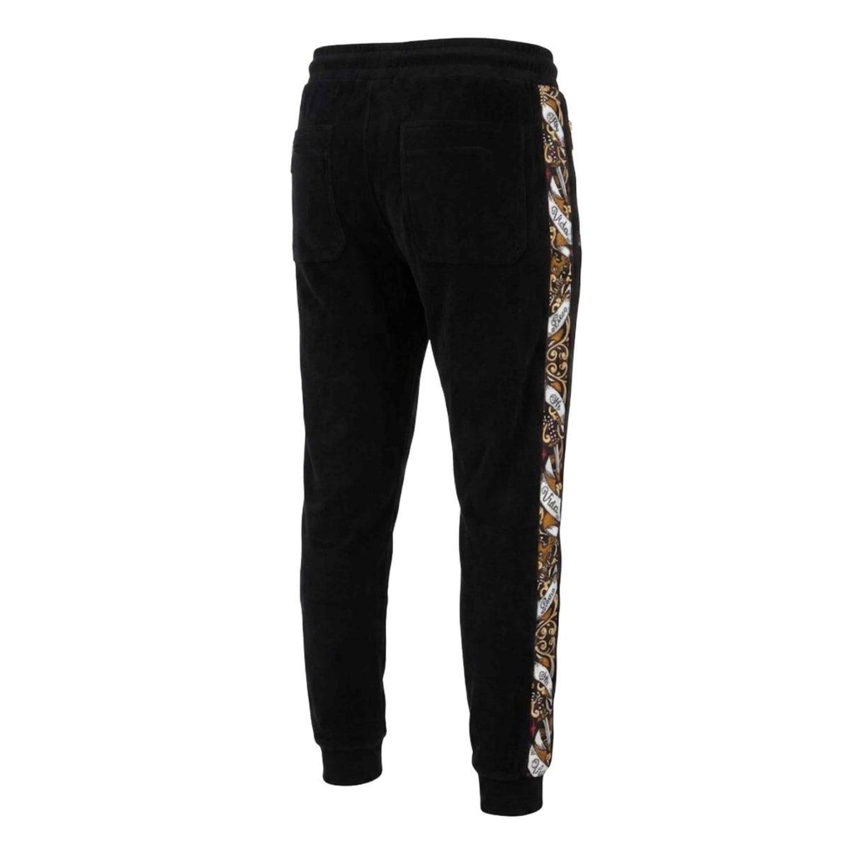 Achterkant van de zwarte MVL Savage ornate joggingbroek met sierlijke zijband