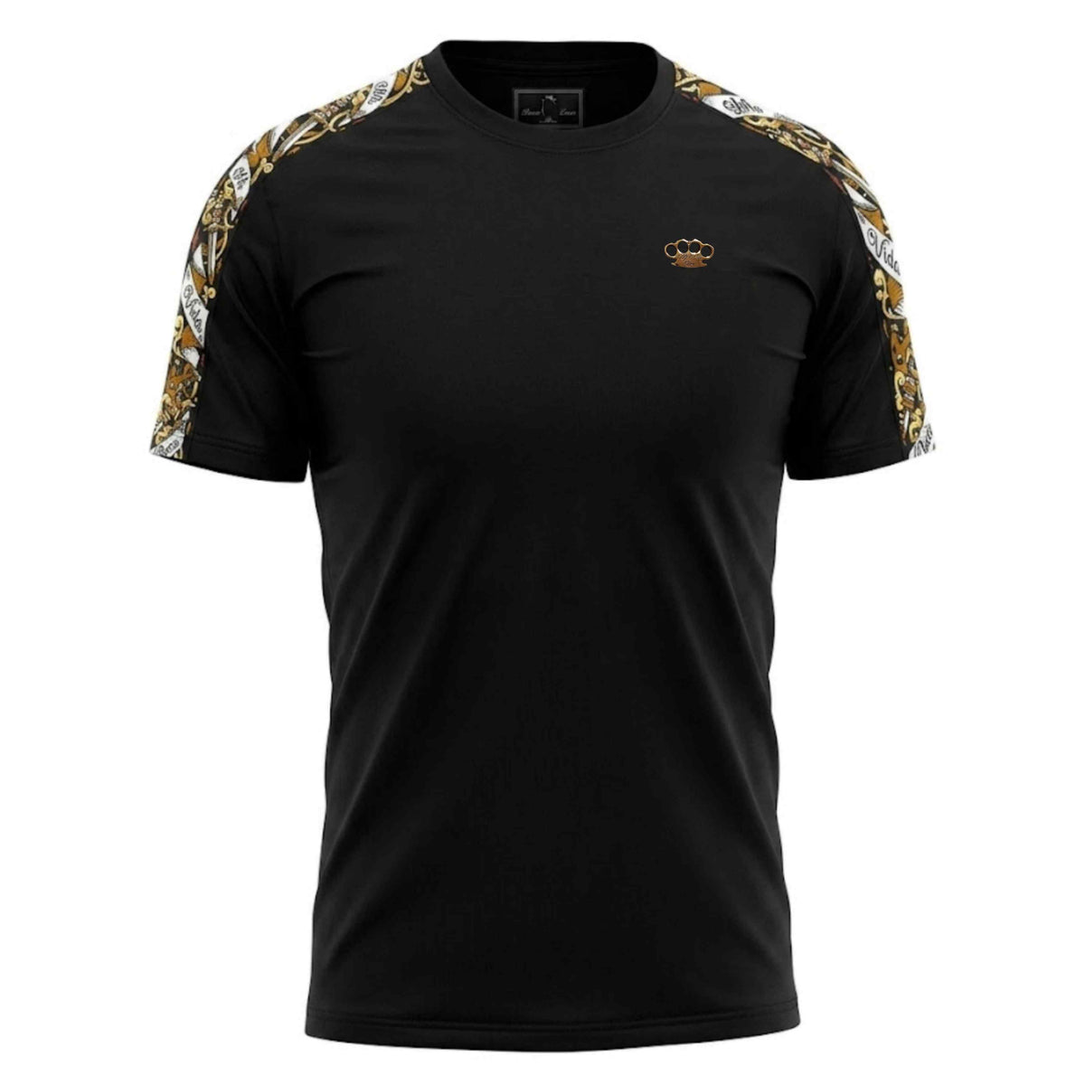 T-shirt Mi Vida Loca Savage ornate noir avec bandes d'épaules ornementées et logo MVL doré, devant