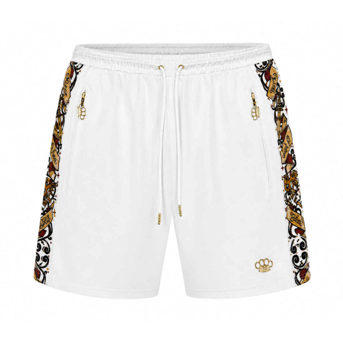 Short jogger Mi Vida Loca Savage ornate blanc, devant avec bande ornementée et logo MVL doré