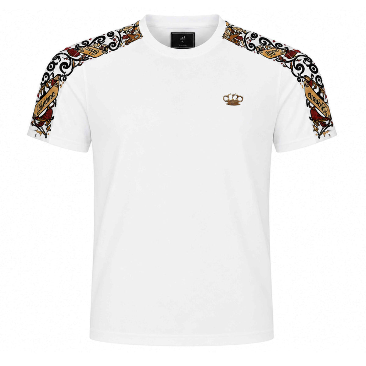 T-shirt Mi Vida Loca Savage ornate blanc avec imprimé ornementé sur les épaules et logo MVL, devant