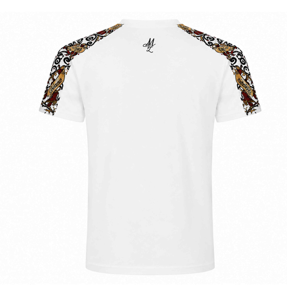 T-shirt Savage ornate blanc avec logo MVL dans la nuque, dos sur fond blanc