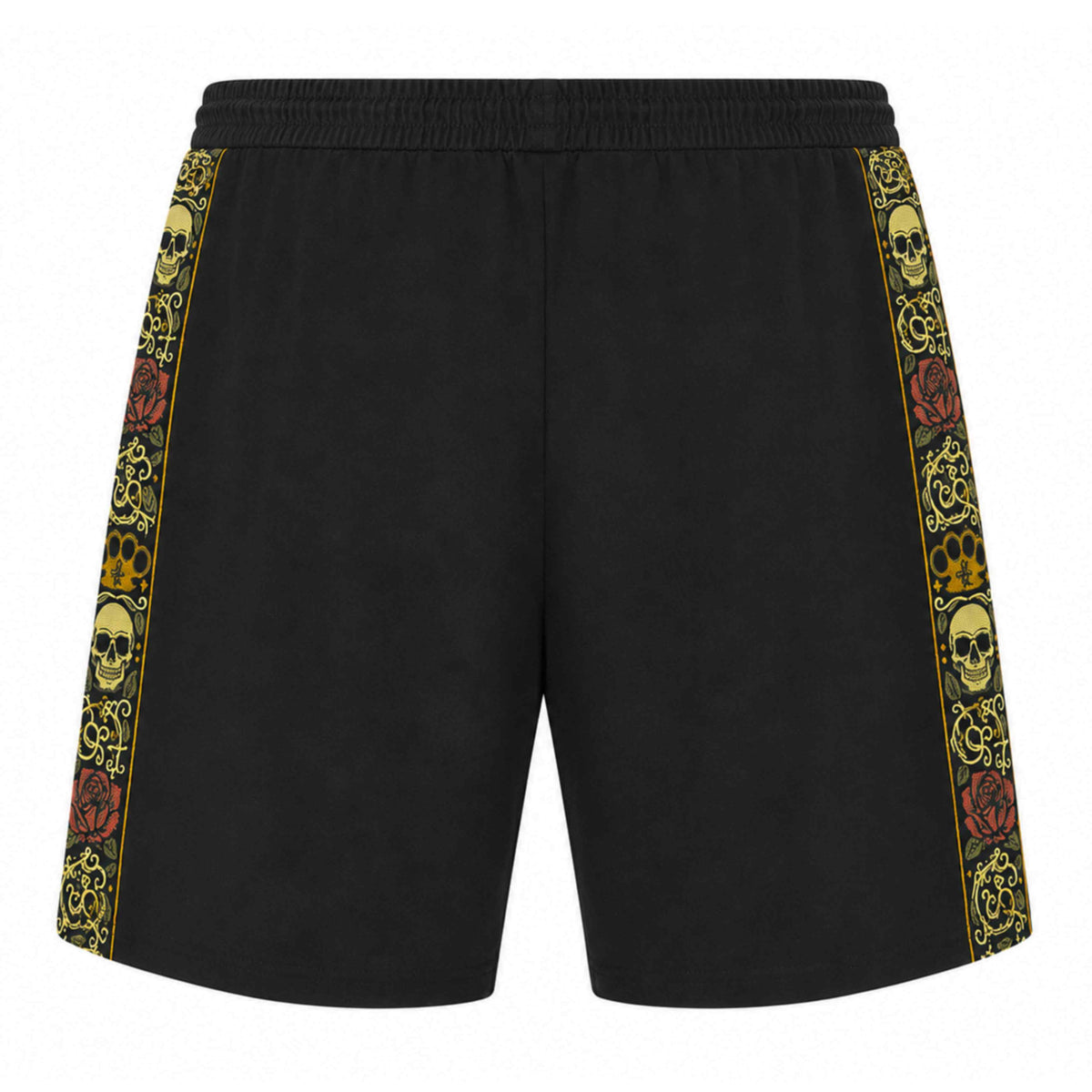 Short jogger MVL Calavera noir, dos avec bande brodée de têtes de mort et de roses