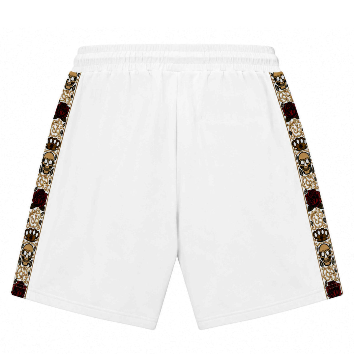 Dos du short Calavera blanc avec bandes latérales tête de mort et roses sur fond blanc