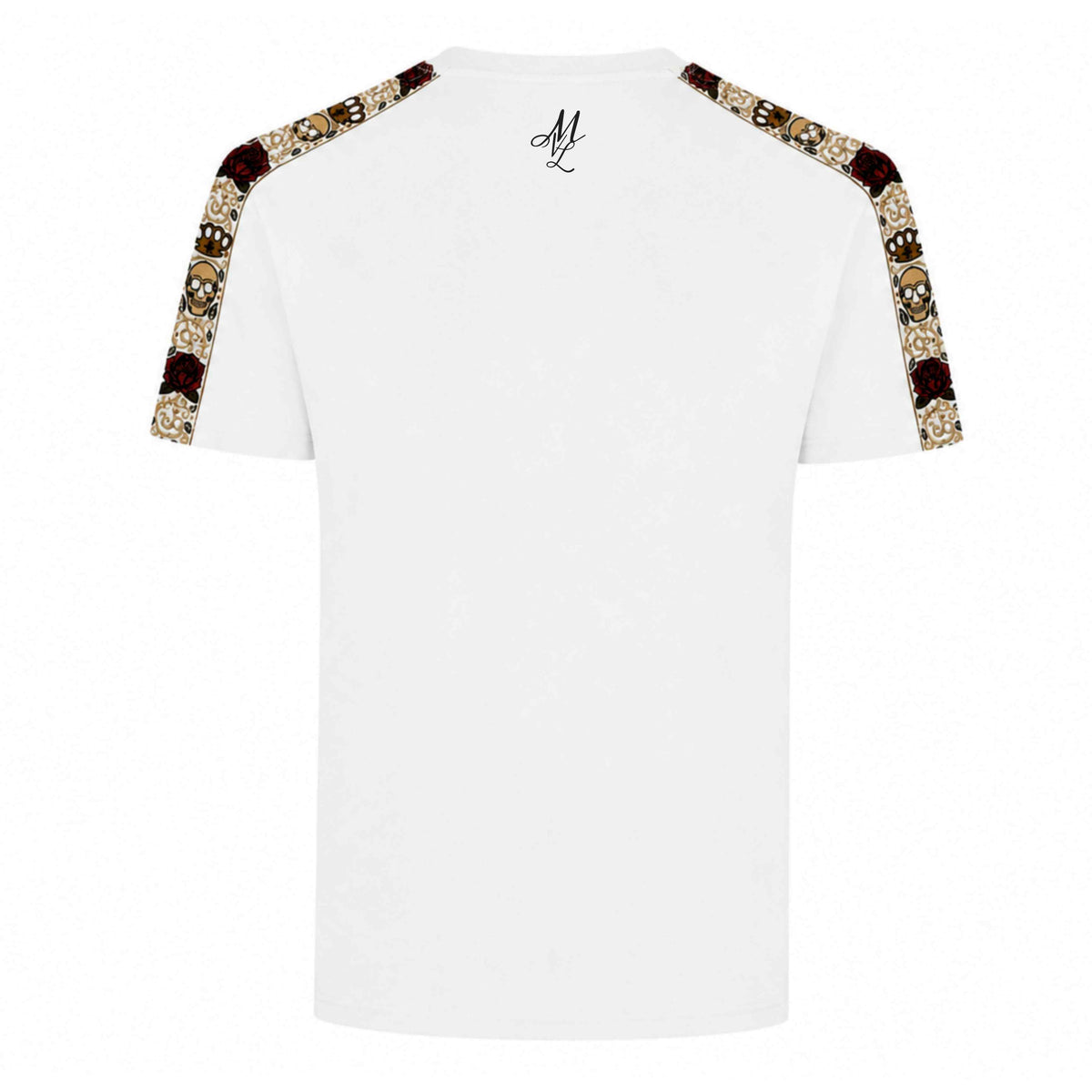 MVL Calavera T-shirt in white, back with ML monogram and skull shoulder bands
