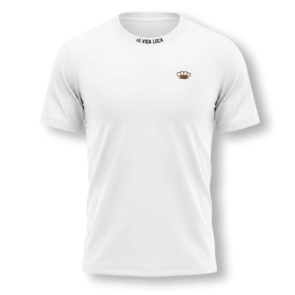 Trust nobody Embroidery T-Shirt weiß, Vorderseite mit Mi Vida Loca im Nacken und kleinem goldenem MVL-Logo auf der Brust