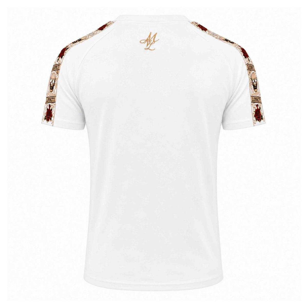 Camiseta LFR blanca con logo MVL dorado en la nuca y bandas de colores en las mangas, trasera