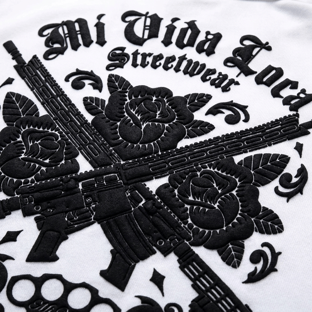 Close-up of the black 3D back print on the white AR15 polo with rifles, roses and MVL logo
