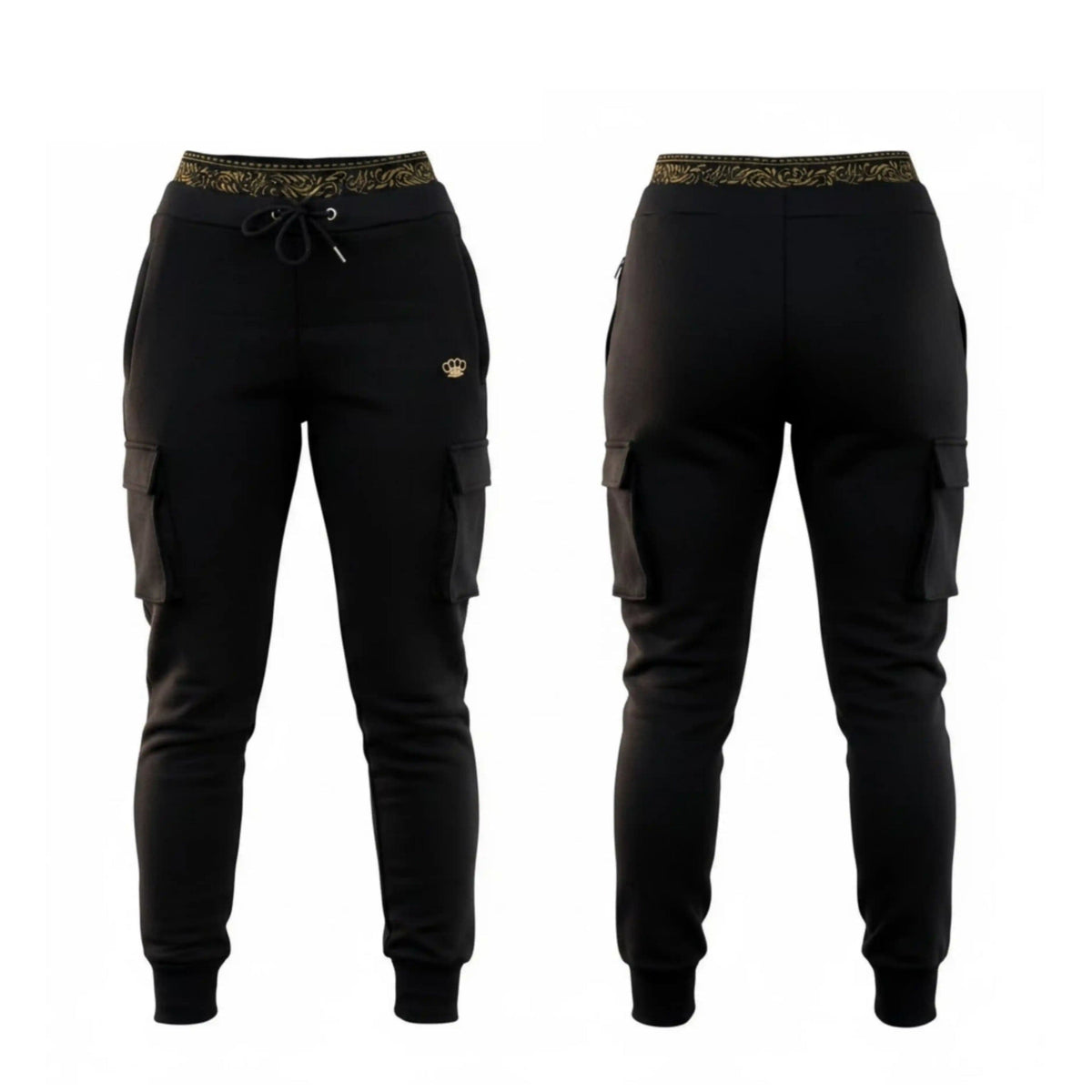 Pantalon de jogging femme MVL Meander noir avec poches cargo, devant et dos côte à côte