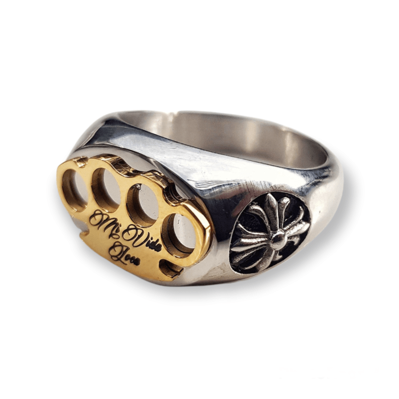 Mi Vida Loca MVL Logo ring zilver met gouden MVL logo en Mi Vida Loca gravure, zijaanzicht