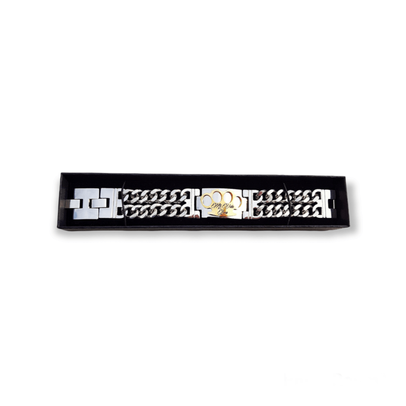 MVL armband zilver/goud in de zwarte MVL geschenkdoos, bovenaanzicht