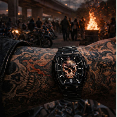 Montre automatique MVL crâne mouvement japonais / bracelet acier noir/noir