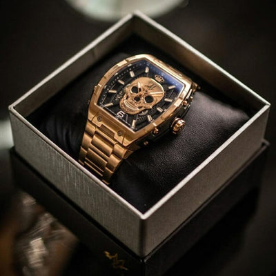 Orologio automatico MVL con teschio, movimento giapponese - cinturino in acciaio - oro rosa