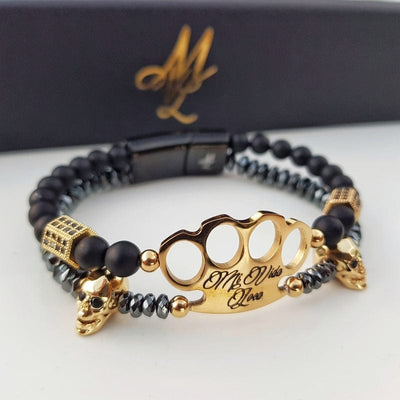 Bracciale MVL "Polygonal skulls" nero/oro